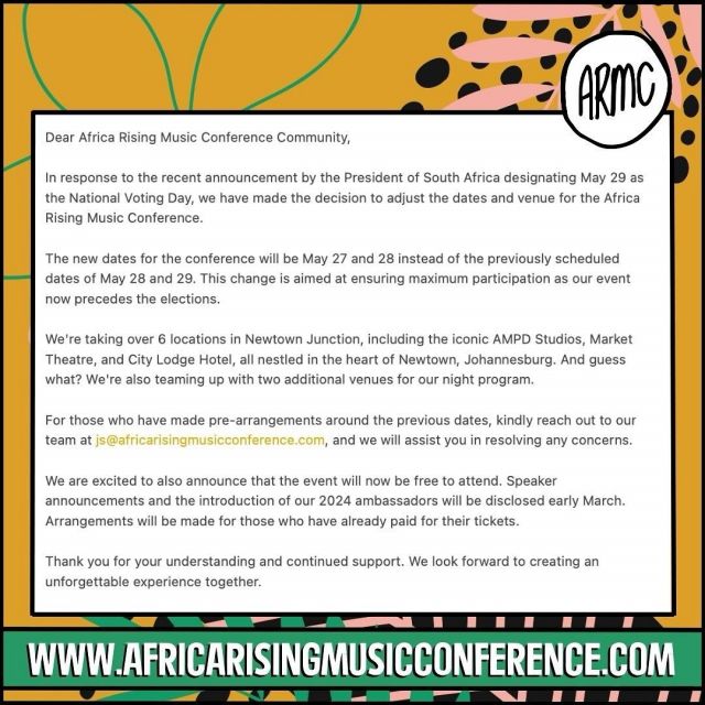 Big Changes are on the way! We’re proud to share the New Dates & Venues for this year’s Africa Rising Music Conference🙌🏾🎉 #ARMC24